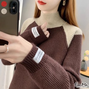 【2023AW】 EF1163 ハイネックセーター ツートンカラー 飾りボタン 韓国風 秋 冬