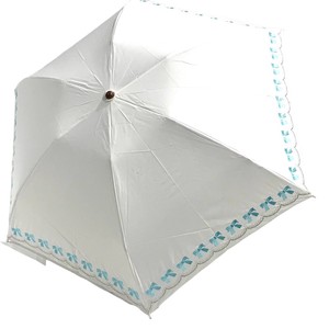 綿×ポリエステル リボンボーダー刺繍 3段丸ミニ 折りたたみ傘 晴雨兼用 UVカット
