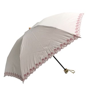 綿×ポリエステル ストライプ裾刺繍 3段丸ミニ 折りたたみ傘 晴雨兼用 UVカット