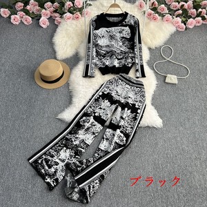 Pantsuit Long Sleeves Floral Pattern Wide Pants Ladies