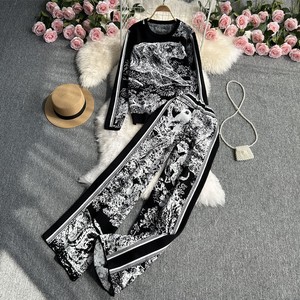 Pantsuit Knitted Long Sleeves Floral Pattern Wide Pants Ladies' Autumn/Winter