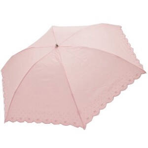 綿×ポリエステル 裾リボン&スカラー刺繍 3段丸ミニ 折りたたみ傘 晴雨兼用 UVカット