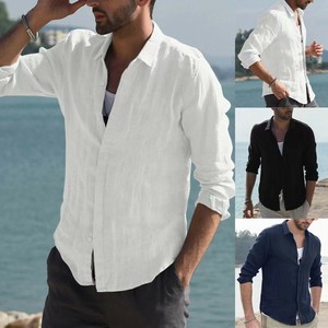 Button Shirt Plain Color Long Sleeves Cotton Linen