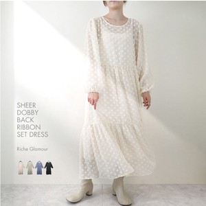 Casual Dress Set Back Ribbon One-piece Dress Sheer Dobby 【2024NEW】