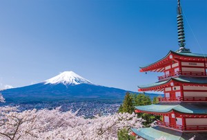 ポストカード　寺と富士山