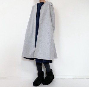 【handmade】wool long coat jacket simple collarless light gray　ウールメルトン　コート