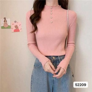 Sweater/Knitwear Pearl Button High-Neck Ribbed Knit