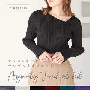 Sweater/Knitwear Asymmetrical V-Neck Ladies' Ribbed Knit