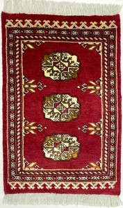 手織り絨毯　玄関マット　約50x80cm　ウール、シルク　レッド　パキスタン製　ラグ　民族柄【51423】