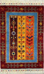 手織り絨毯　ラグ　約60x90cm　ウール　レッド　ライトブルー　玄関マット　ハンドノット　SAL【44771】