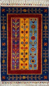 手織り絨毯　玄関マット　約60x90cm　ウール100％　ブルー　レッド　ハンドノット　ラグ　SAL【43830】