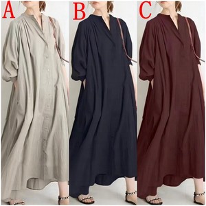 Casual Dress Plain Color Cotton Linen One-piece Dress Ladies'