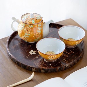 有田焼　秋つば　オレンジ茶器セット (ポット 1・煎茶碗 2)　木箱入り