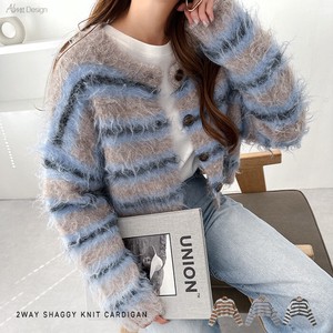 Cardigan Knitted Long Sleeves 2Way Mohair Tops Cardigan Sweater Border