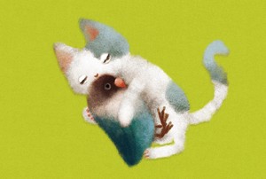 菜生ポストカード[猫とぬいぐるみインコ]猫