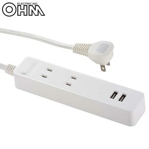 OHM USB付テーブルタップ 2個口 3m 白 HS-TU23N80W