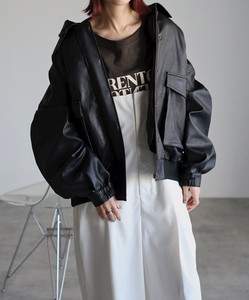 Blouson Jacket with Detachable Liner Faux Leather 2-way Collar Blouson Ribbed Faux