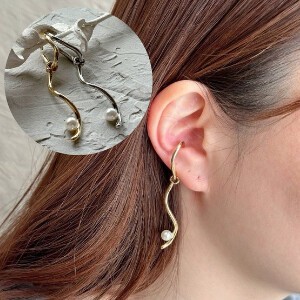 Clip-On Earrings Pearl Earrings sliver Ear Cuff 2Way Ladies'