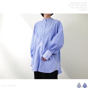 Button Shirt/Blouse Stripe Puff Sleeve Switching 【2024NEW】