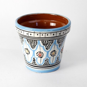 モロッコ陶製植木鉢 伝統柄 中 水色マルチ