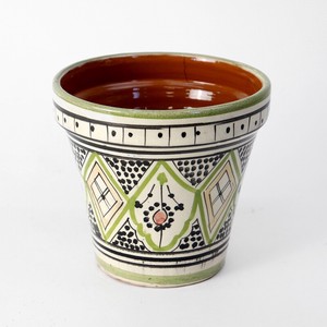 モロッコ陶製植木鉢 伝統柄 中 緑マルチ