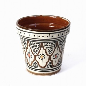 モロッコ陶製植木鉢 伝統柄 中 茶マルチ