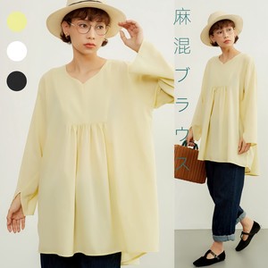 Button Shirt/Blouse Slit Tops Linen-blend