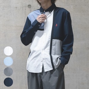 【24SS新作】オックス × パナマストライプ切替 ワンポイント ネコ刺繍 レギュラーサイズ 長袖シャツ
