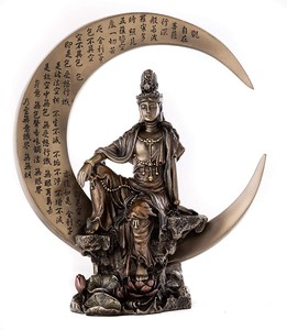 三日月に座った思いやりと慈悲の水月観音像半跏思惟像-ロンズ風彫像仏教女神-高さ約20cm彫像輸入品