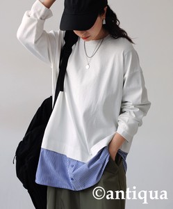 Antiqua T-shirt Plain Color Long Sleeves Stripe Docking Tops Ladies'