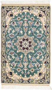 ペルシャ 絨毯 ナイン ウール 手織 玄関マット グリーン系 約50×81cm N-2192