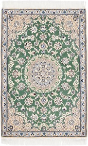 ペルシャ 絨毯 ナイン ウール 手織 玄関マット グリーン系 約90×135cm N-5527