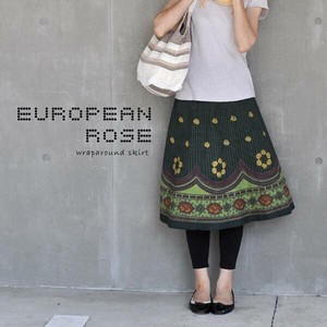 インド綿 巻きスカート ヨーロピアンローズ グリーン ひざ丈 約68cm ファッション