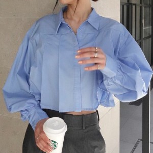 Button Shirt/Blouse Cropped Tops Summer Puff Sleeve Spring