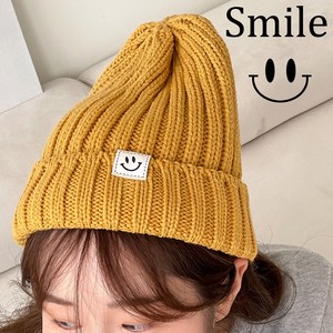 春 スマイル刺繍ニットキャップ ニットワッチ帽 可愛い リブ編みスタイル YT SMILEY