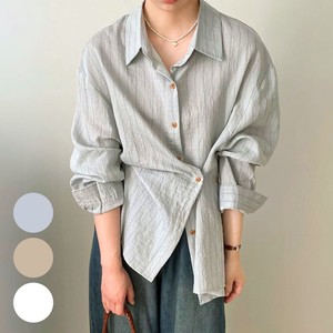 【2024春夏】リネン混 ワッシャー加工 ストライプ サイドボタン オーバーサイズシャツ