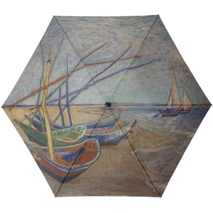 55cm 全面プリント折りたたみ傘　名画プリント-レサントマリーのビーチの漁船（ゴッホ）