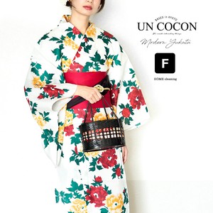 Kimono/Yukata single item Red White Floral Pattern Cotton Linen Orange