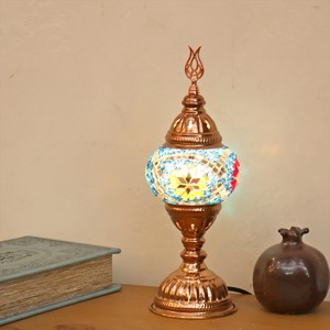 トルコランプ モザイクテーブルランプ 小さめのガラス 直径11cm  高さ31cm　ブルー  ローズカラーの灯具