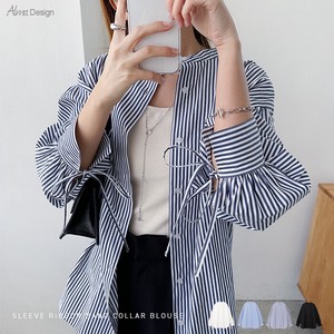 Button Shirt/Blouse Sleeve Ribbon Plain Color Long Sleeves Stripe