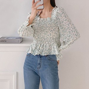 Button Shirt/Blouse Small Long Sleeves Floral Pattern Blouse Tops Off-The-Shoulder flower