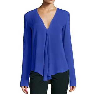 Button Shirt/Blouse Plain Color Long Sleeves V-Neck Ladies'