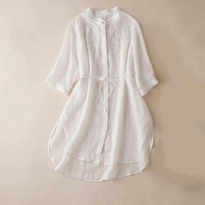 Button Shirt/Blouse Plain Color Cotton Linen One-piece Dress Embroidered Ladies'