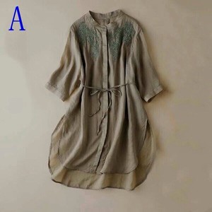 Button Shirt/Blouse Plain Color Cotton Linen One-piece Dress Ladies'