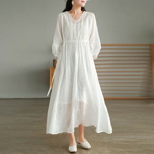 Casual Dress Plain Color V-Neck Cotton Linen One-piece Dress Ladies'