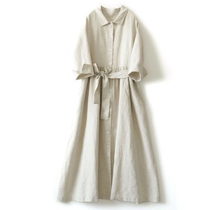 Casual Dress Plain Color Long Sleeves Cotton Linen One-piece Dress Ladies'