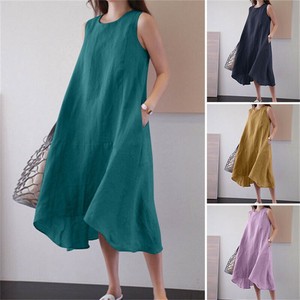 Casual Dress Plain Color Cotton Linen Sleeveless One-piece Dress Ladies' M NEW