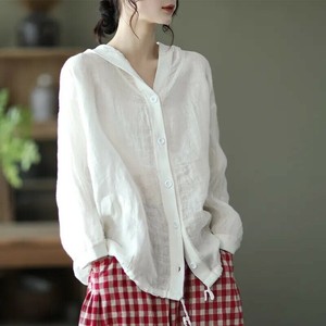 Button Shirt/Blouse Plain Color Long Sleeves Hooded Cotton Linen Ladies' M NEW