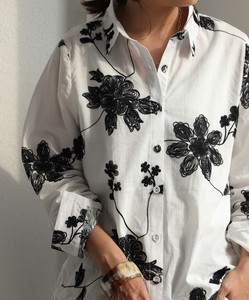 Antiqua Button Shirt/Blouse Long Sleeves Floral Pattern Tops Embroidered Ladies'
