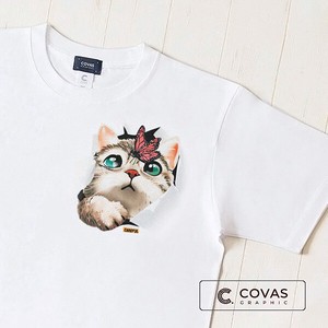 ユニセックス・プリントTシャツ　"猫と蝶"　ホワイト　半袖 Tシャツ